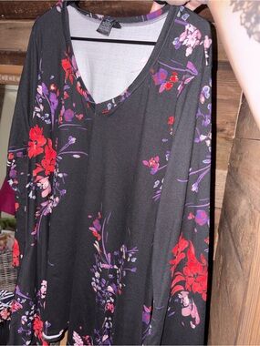 Black Floral V-Neck Tunic Top with Red & Purple Blooms
